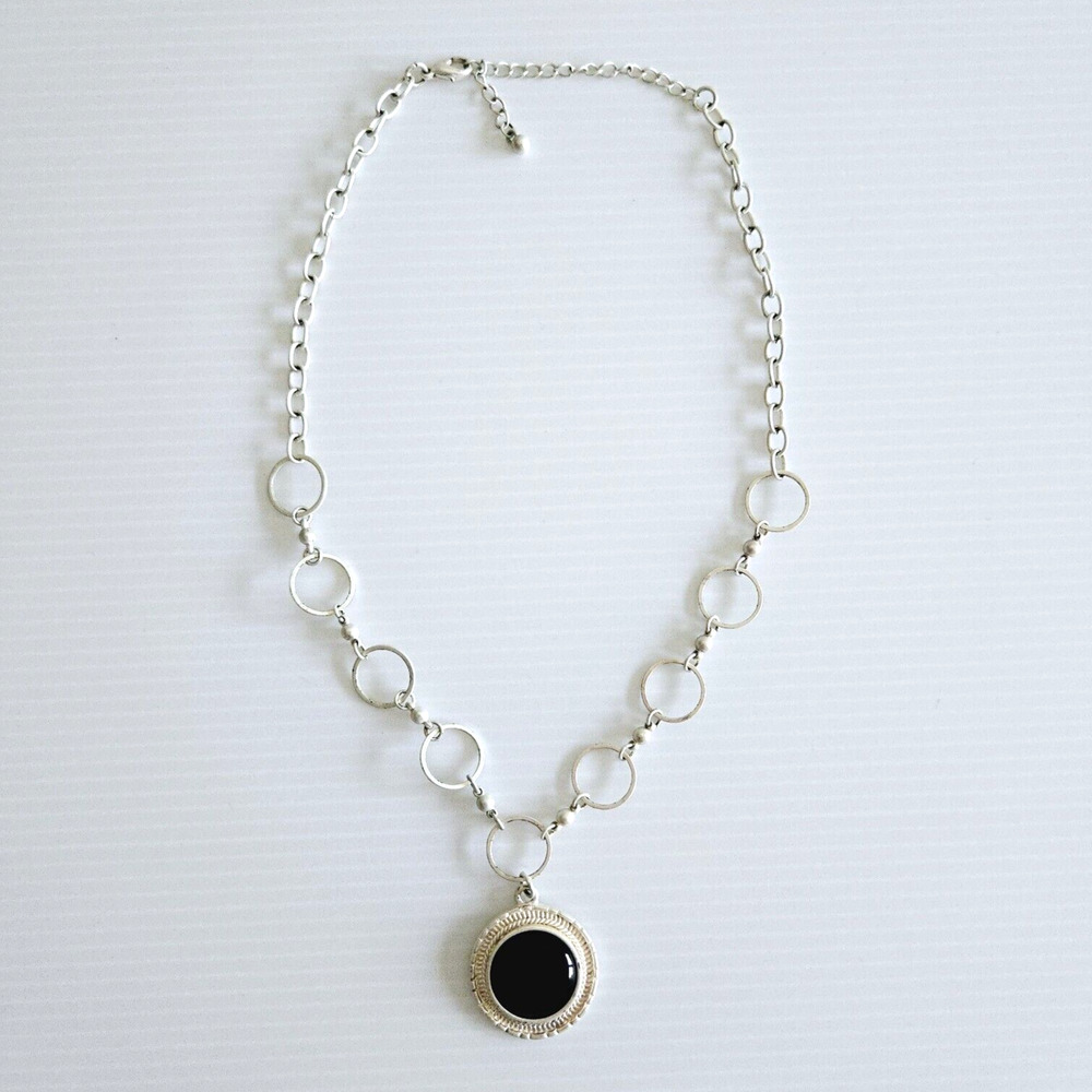Medallion Necklace Black Stone Pendant Silvertone Geometric Casual Boho Aztec